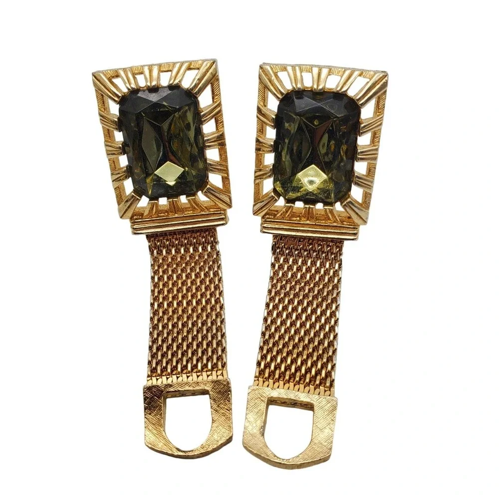 Swank Green Glass Cufflinks Gold Tone Mesh Wrap Stone Retro MCM Large Menswear